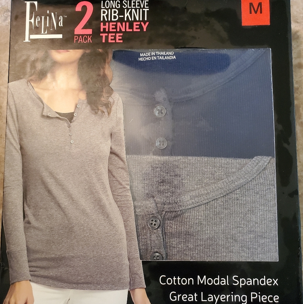 Felina Long Sleeve Rib Knit Henley Tee 2 Pack